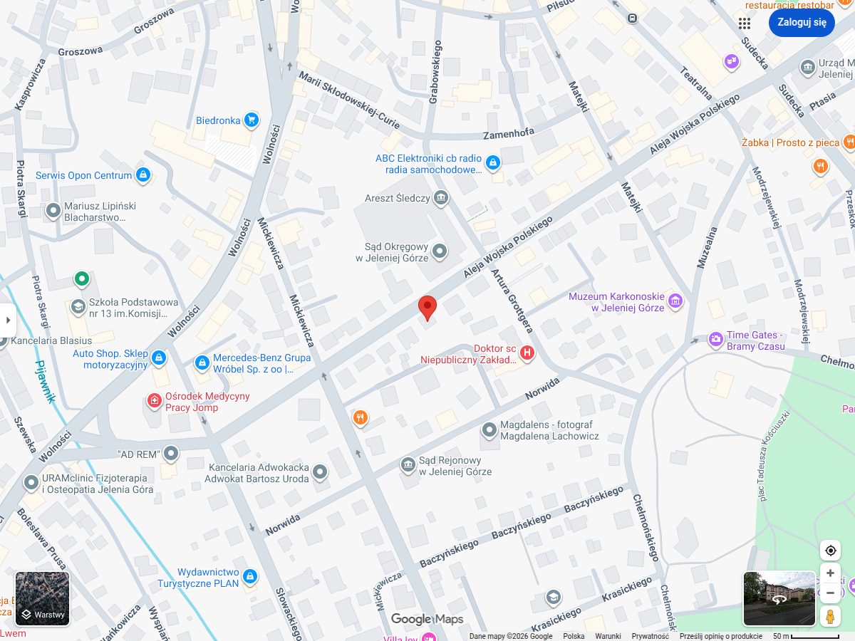 Mapa lokalizacji Kancelarii Adwokackich Romańczyk przy al. Wojska Polskiego 79/1 w Jeleniej Górze